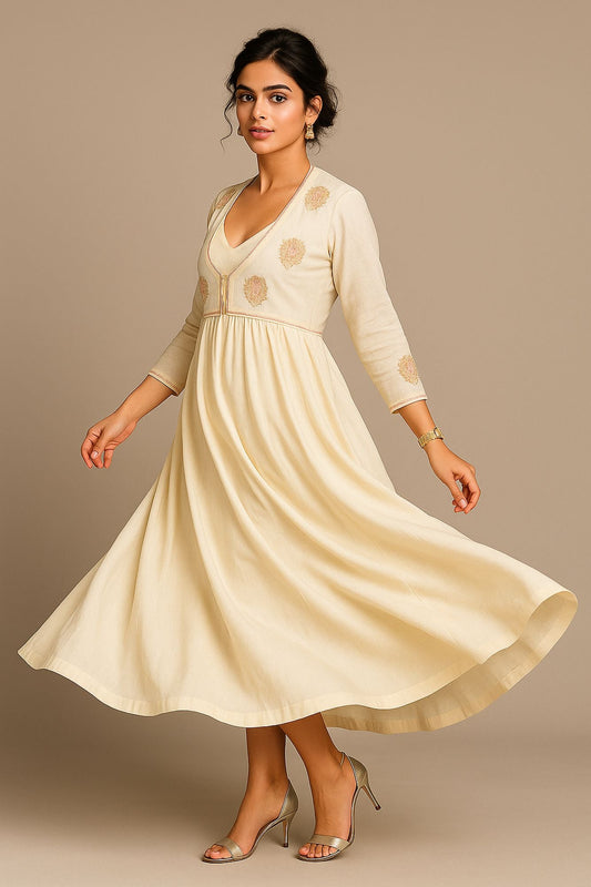 Thread Work With Zari & Cutdana Off White Anarkali Dress With Jacket