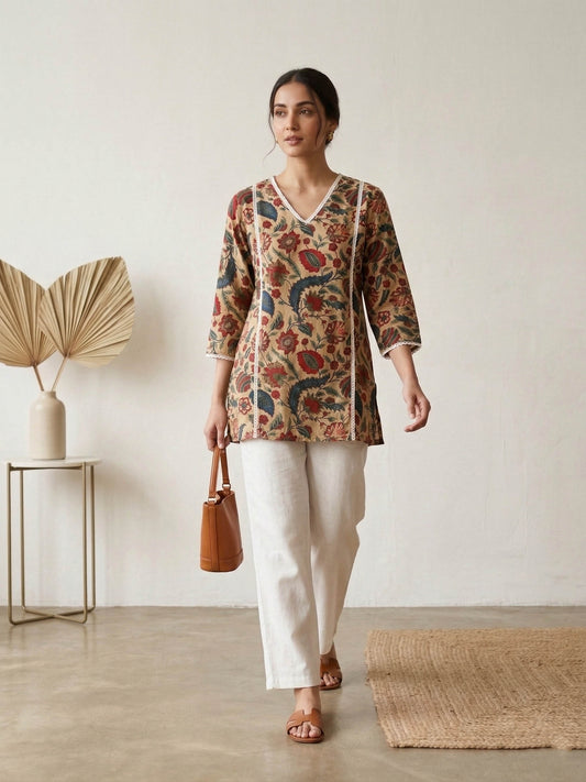 Multi Color Floral Printed Cotton Kurti With Lace Work