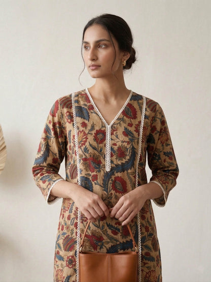 Multi Color Floral Printed Cotton Kurti With Lace Work