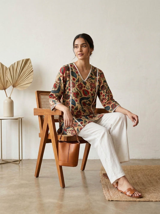 Multi Color Floral Printed Cotton Kurti With Lace Work