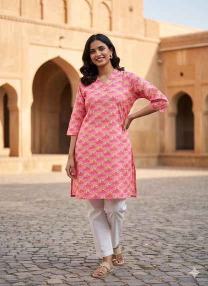 Pink Color Rajasthani Look Cotton Kurti