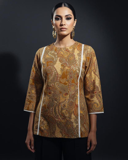 Multi Color Abstract Print Cotton Kurti With Lace Work