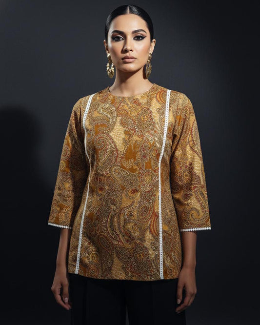 Multi Color Abstract Print Cotton Kurti With Lace Work