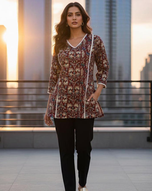 Multi Color Printed Cotton Kurti With Lace Work