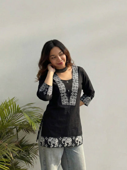 Black Color Elephant Print Cotton Kurti