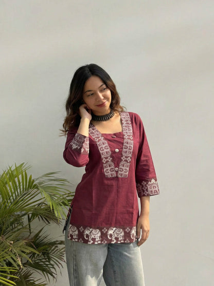Maroon Color Elephant Print Cotton Kurti