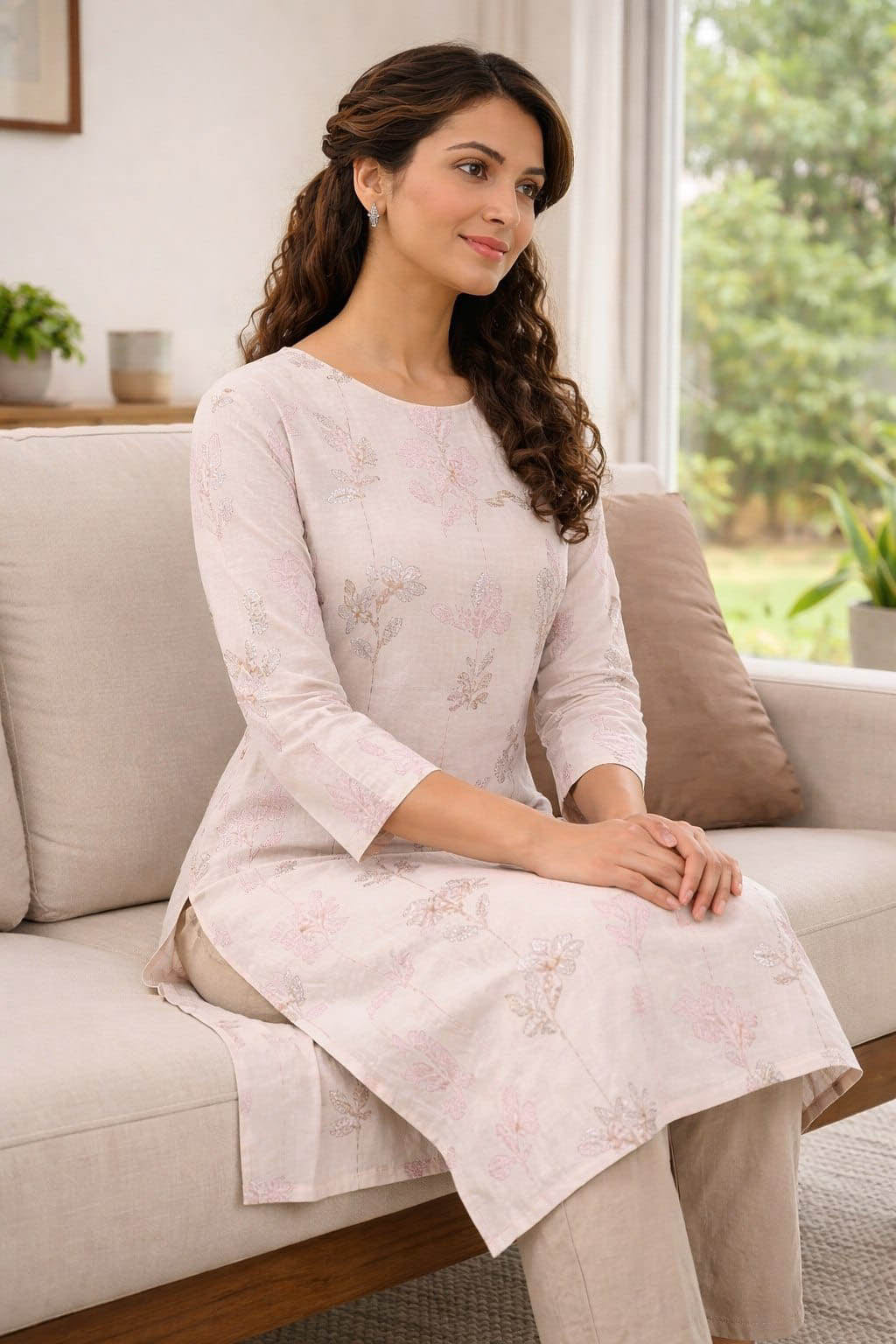 White Color Elegant Pastel Floral Printed Kurti