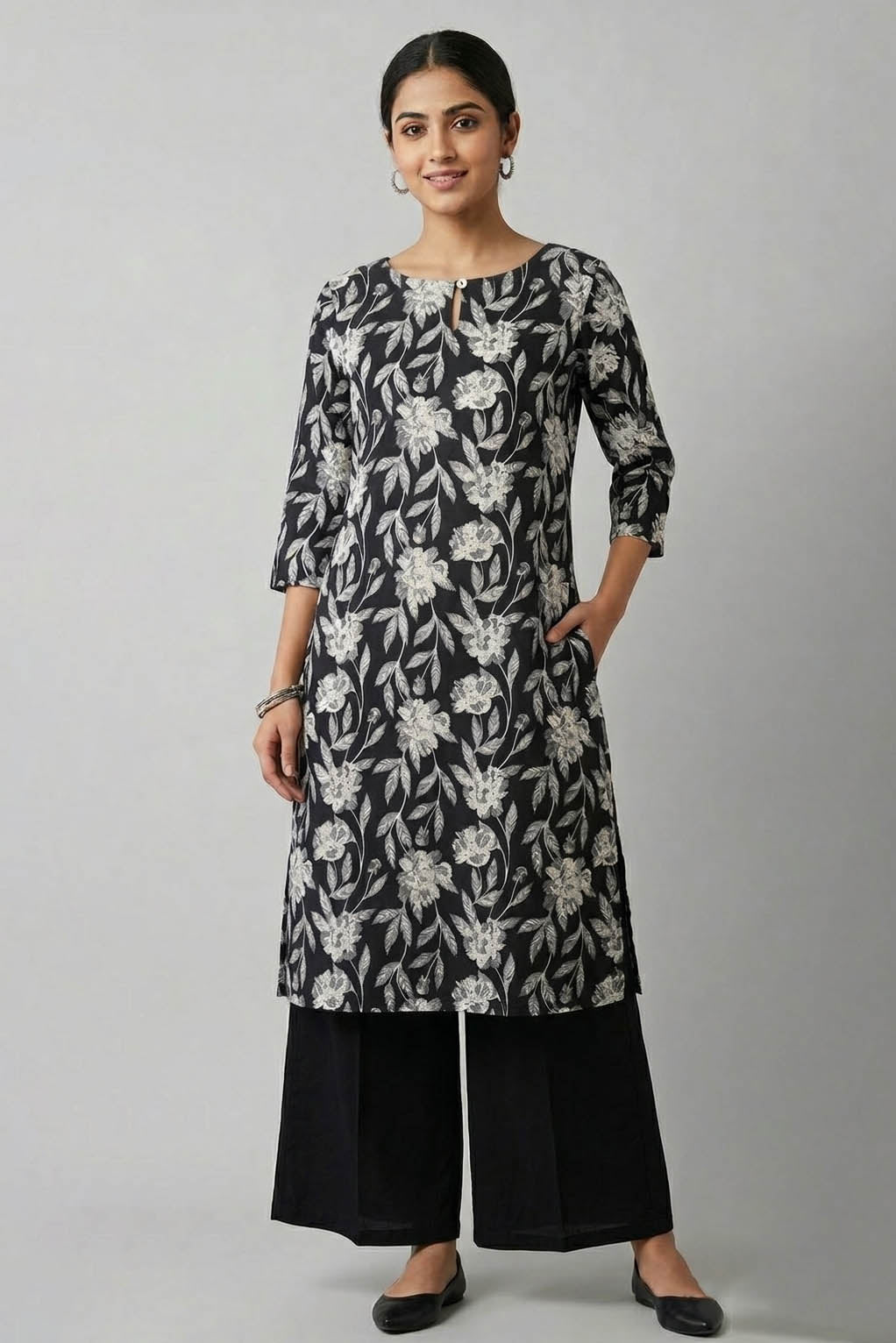 Schwarzes bedrucktes Kurta-Set mit Palazzo