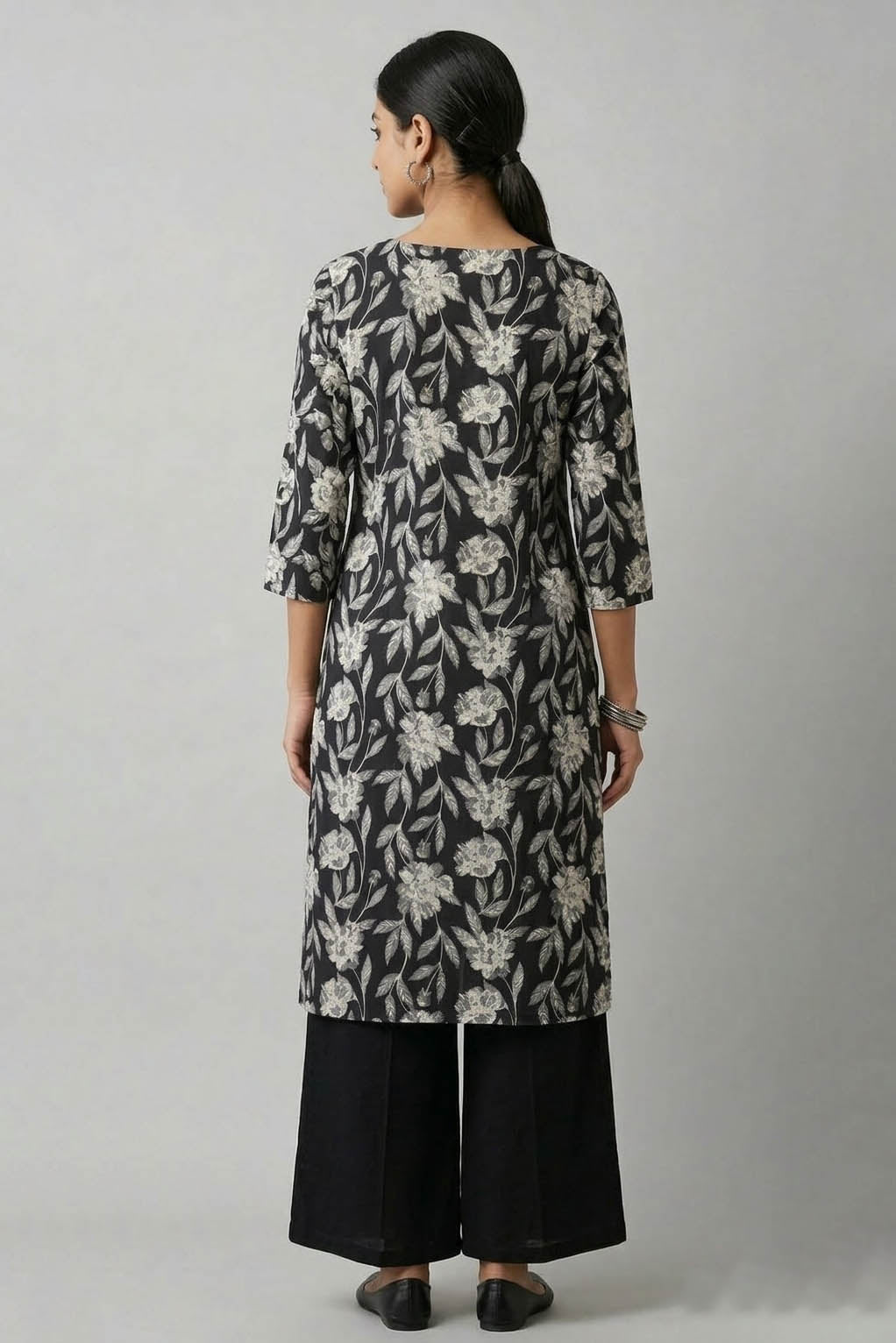 Schwarzes bedrucktes Kurta-Set mit Palazzo