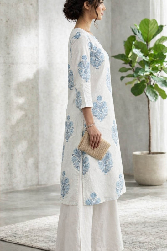 White Color Printed Kurta Set With Palazzo