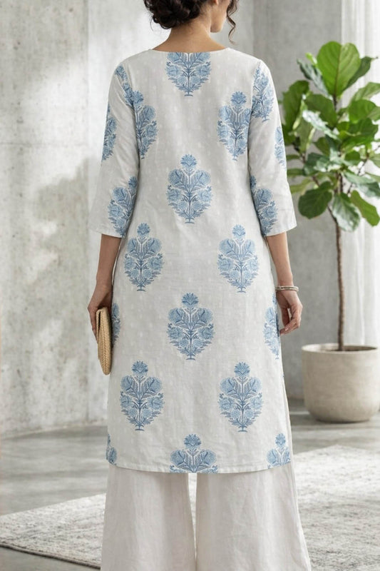 White Color Printed Kurta Set With Palazzo