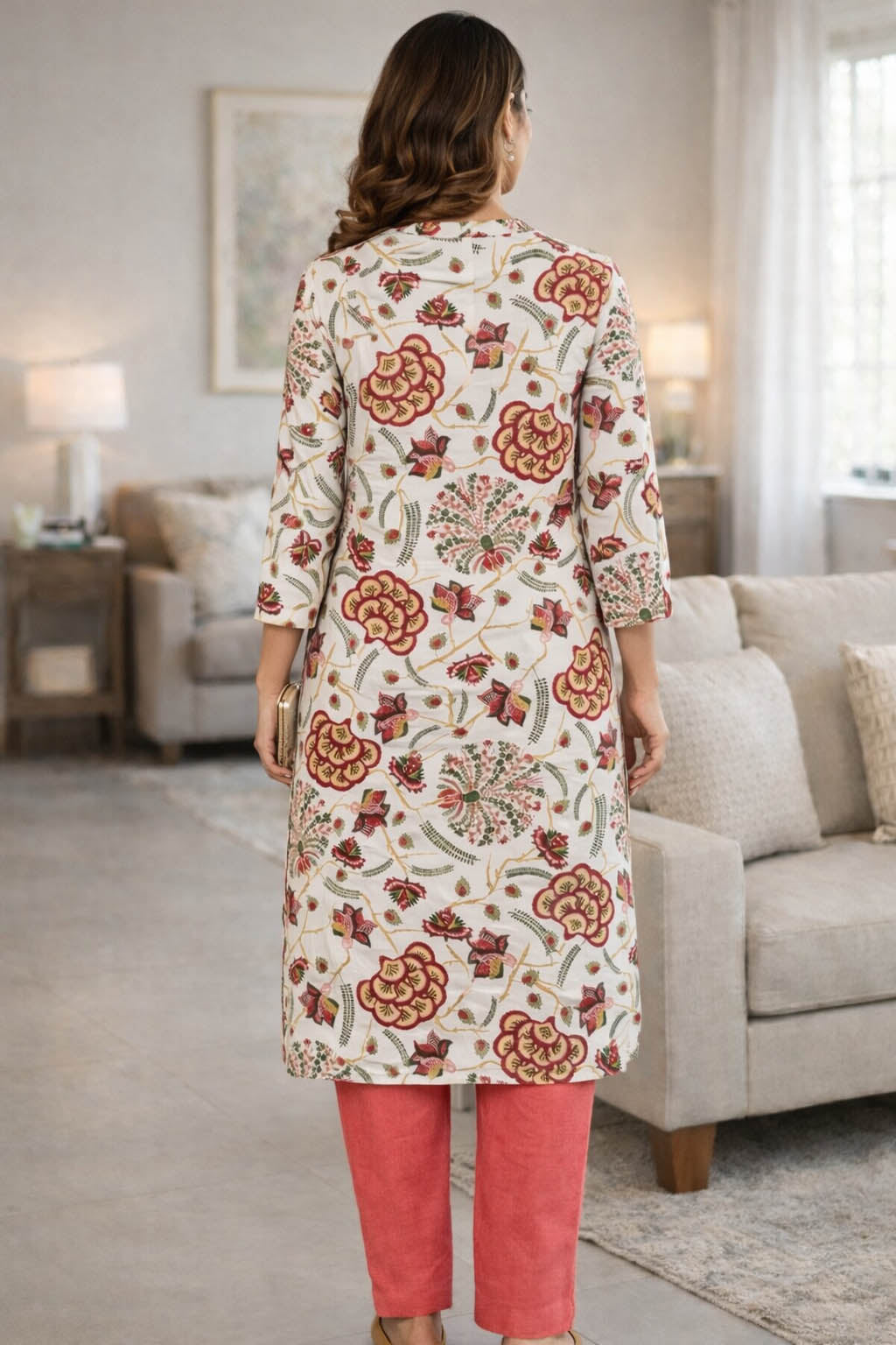 Off-White & Red Color Floral Printed Straight Kurta With Solid Trousers