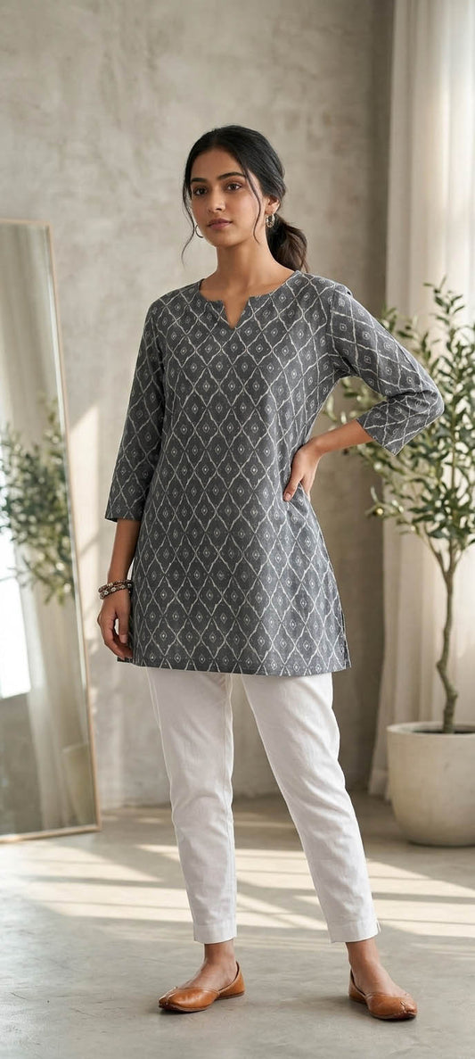 Grey Color Printed Traditional Kurta