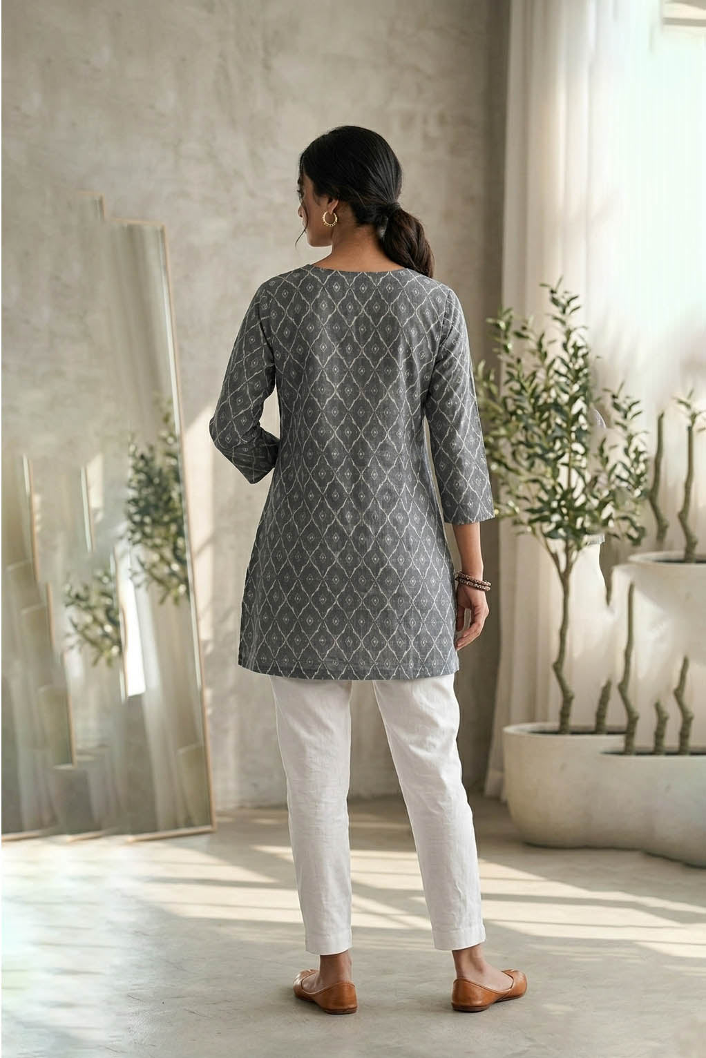 Grey Color Printed Traditional Kurta