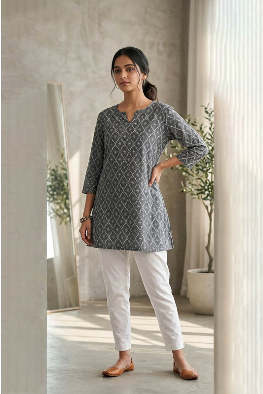 Grey Color Printed Traditional Kurta