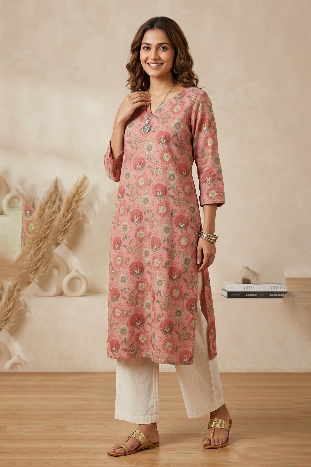 Peach Color Floral Print Traditional Straight Kurta