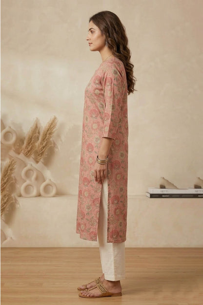 Peach Color Floral Print Traditional Straight Kurta