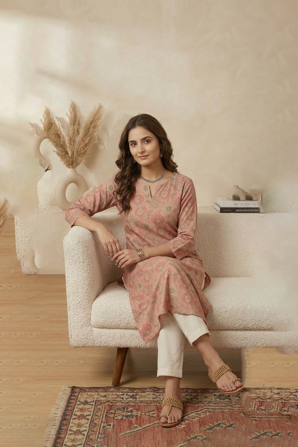 Peach Color Floral Print Traditional Straight Kurta