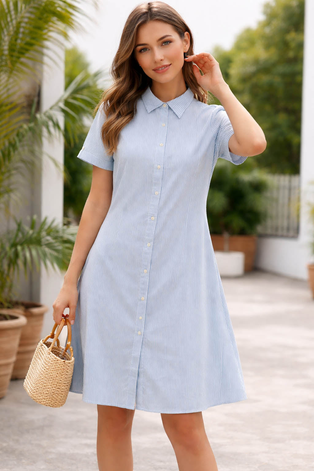 Light Blue Color Chic Striped Midi Shirt Dress With Short Sleeves