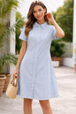 Light Blue Color Chic Striped Midi Shirt Dress With Short Sleeves