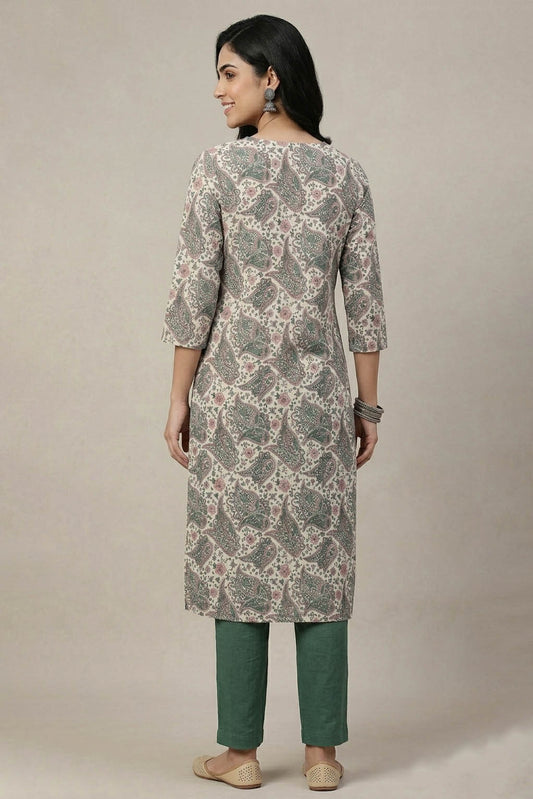 White Color Elegant Paisley Printed Straight Kurta