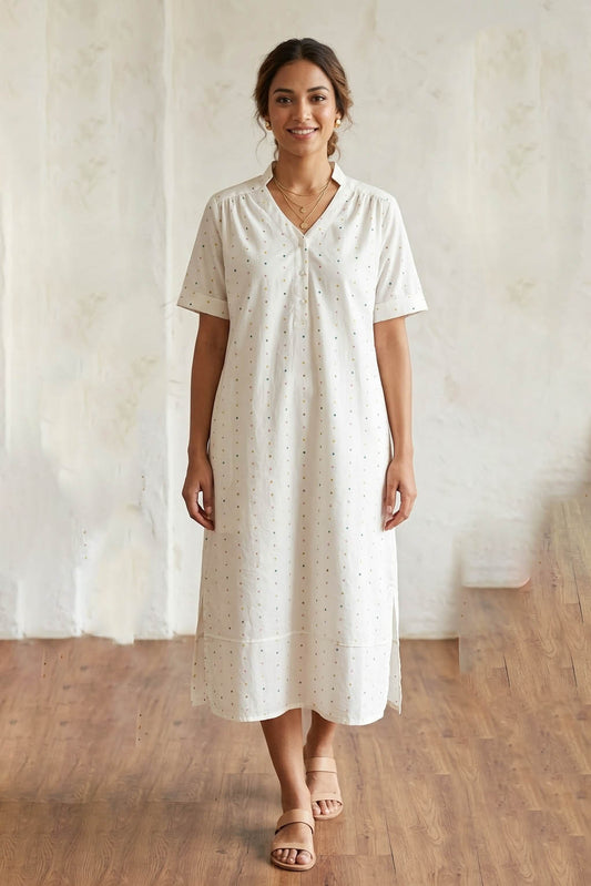 White Color Chic Printed Midi Dress