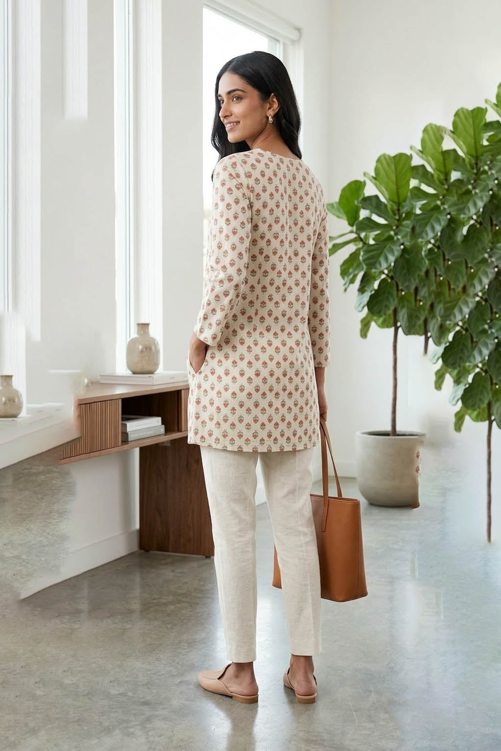 Cremefarbene, elegante, gerade geschnittene bedruckte Kurti