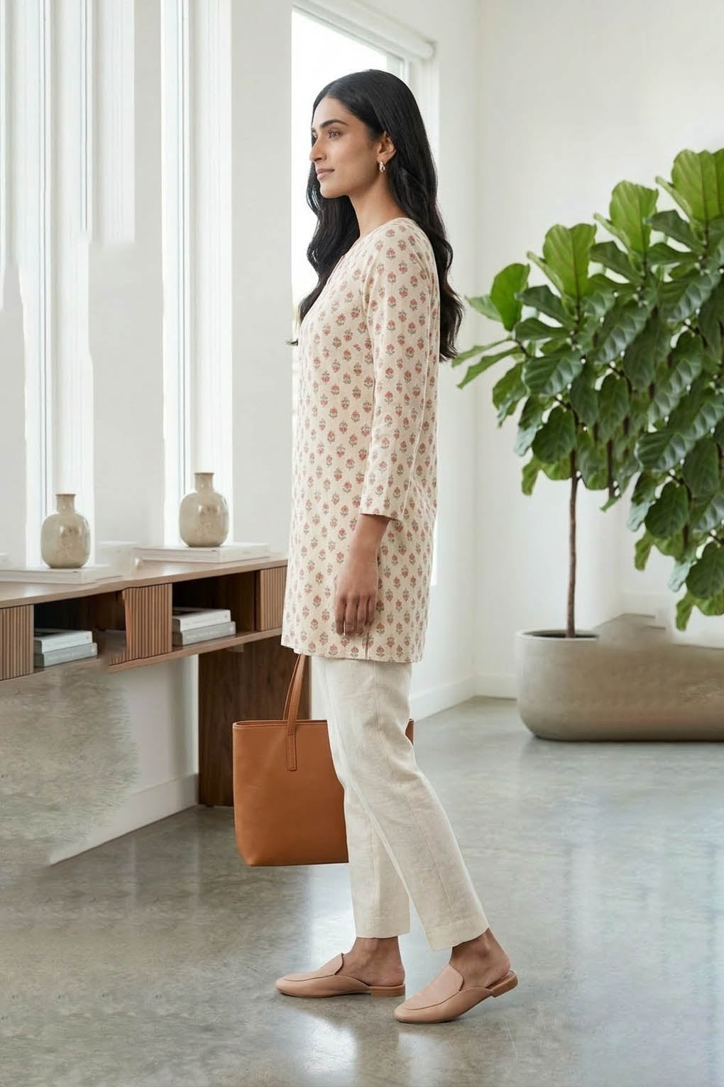 Cremefarbene, elegante, gerade geschnittene bedruckte Kurti