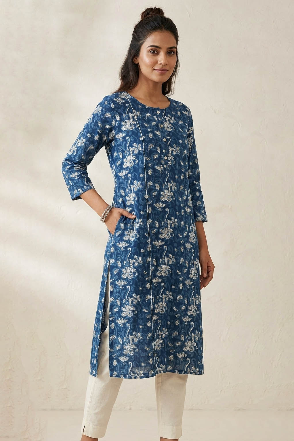 Blue Color Printed Straight Kurti With Floral Motifs