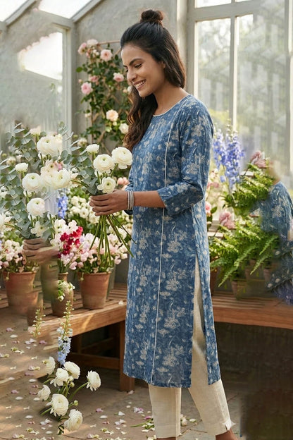 Blue Color Printed Straight Kurti With Floral Motifs
