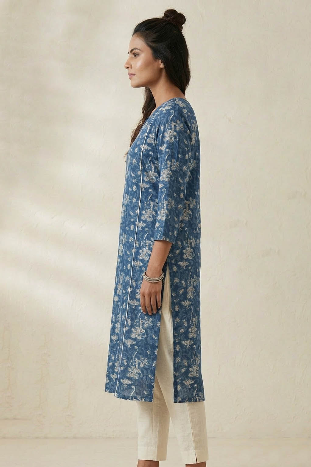 Blue Color Printed Straight Kurti With Floral Motifs