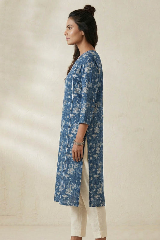 Blue Color Printed Straight Kurti With Floral Motifs
