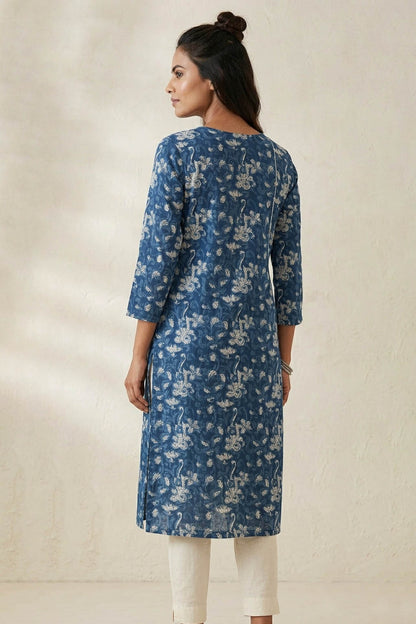 Blue Color Printed Straight Kurti With Floral Motifs
