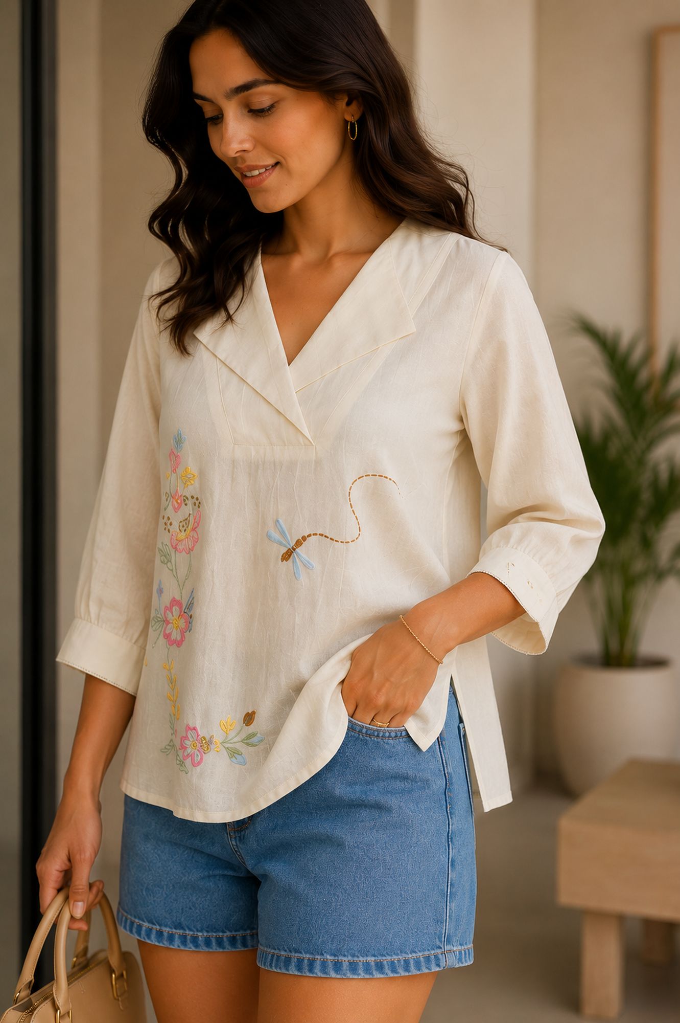Off White Embroidered V Neck Cotton Tunic