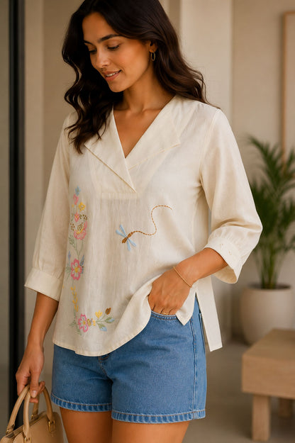 Off White Embroidered V Neck Cotton Tunic