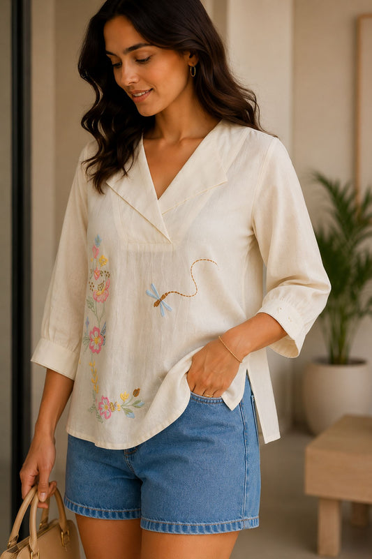Off White Embroidered V Neck Cotton Tunic