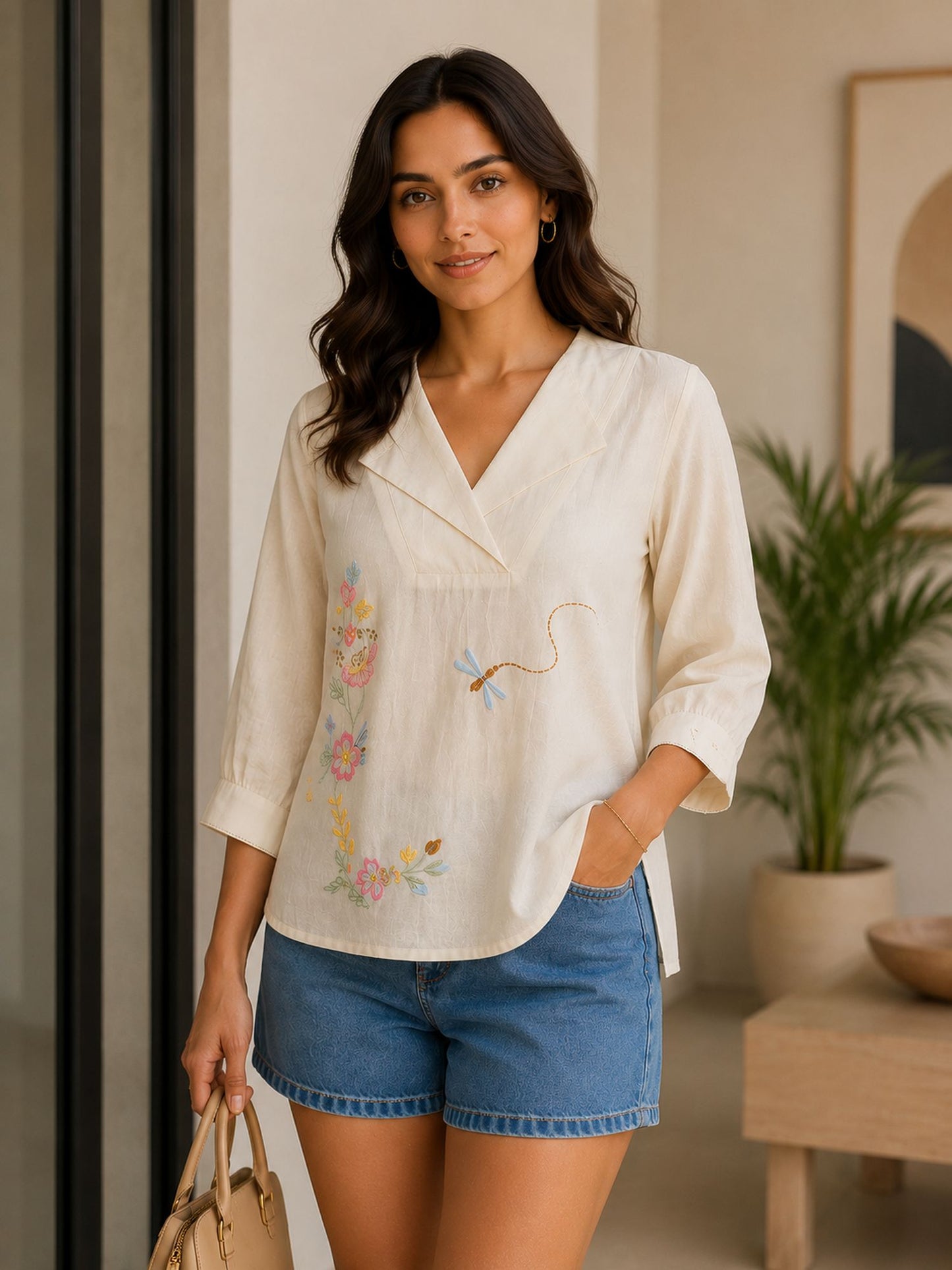Off White Embroidered V Neck Cotton Tunic