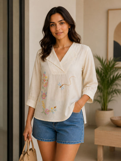 Off White Embroidered V Neck Cotton Tunic
