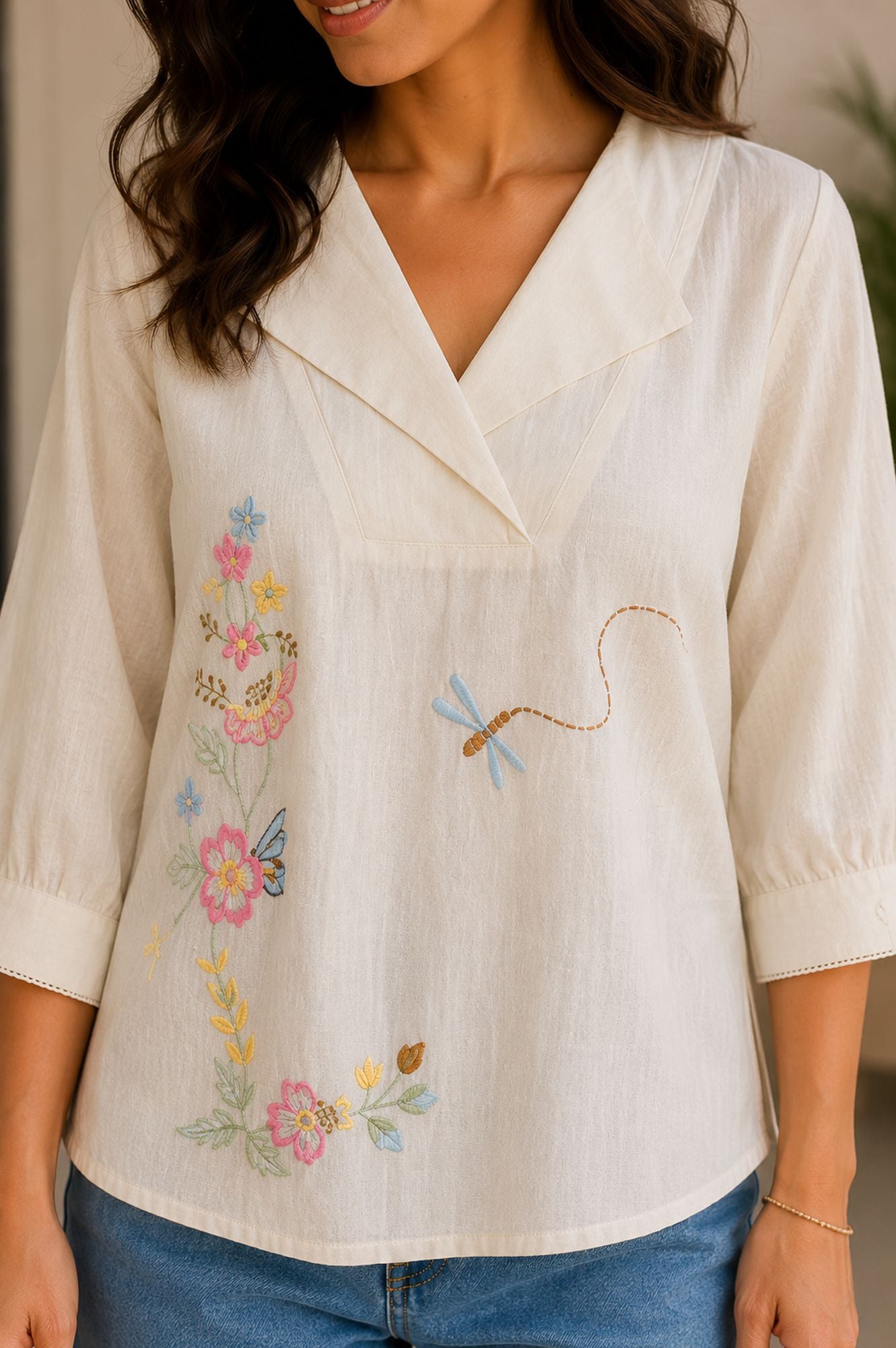 Off White Embroidered V Neck Cotton Tunic