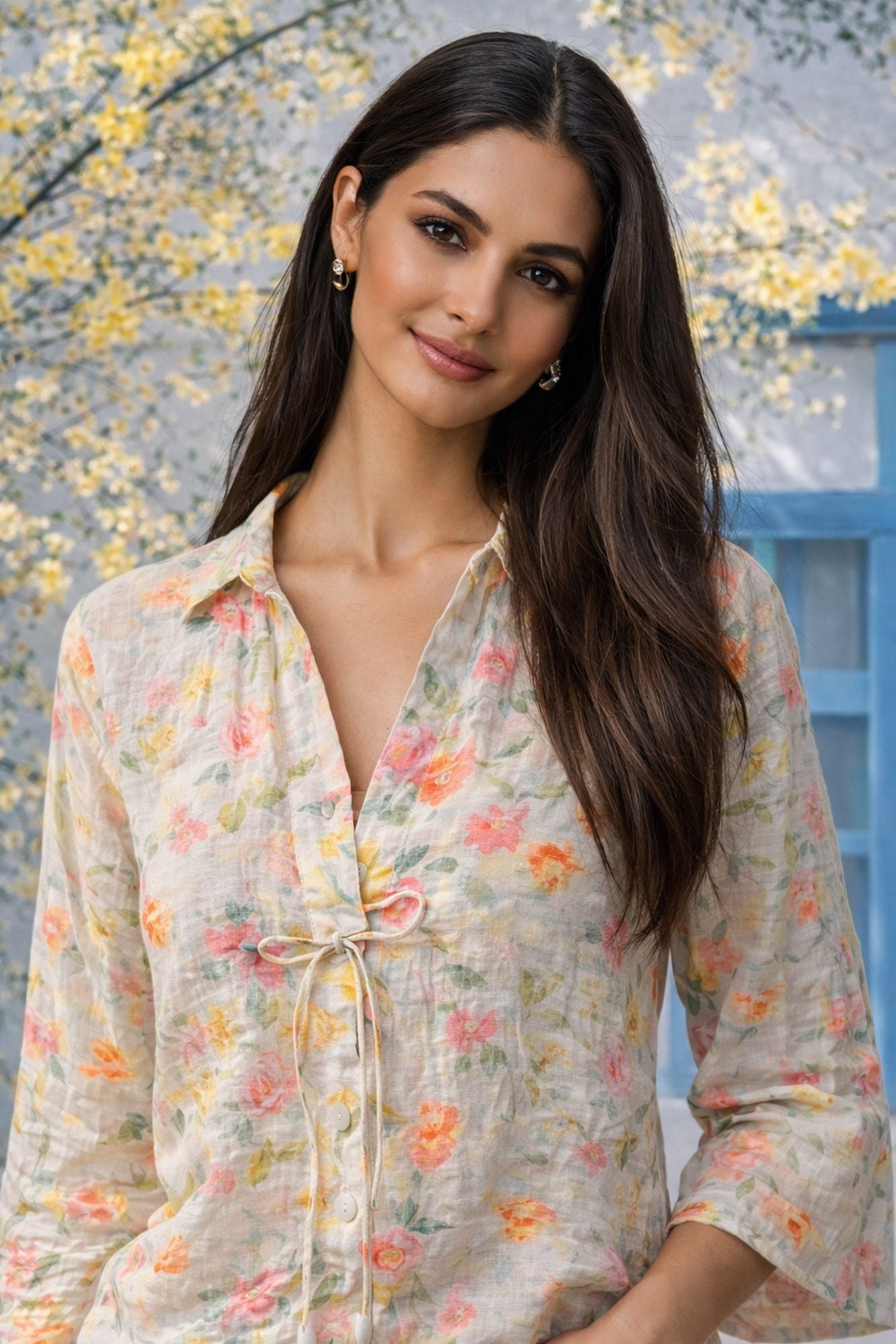Beige Floral Printed Casual V Neck Tunic