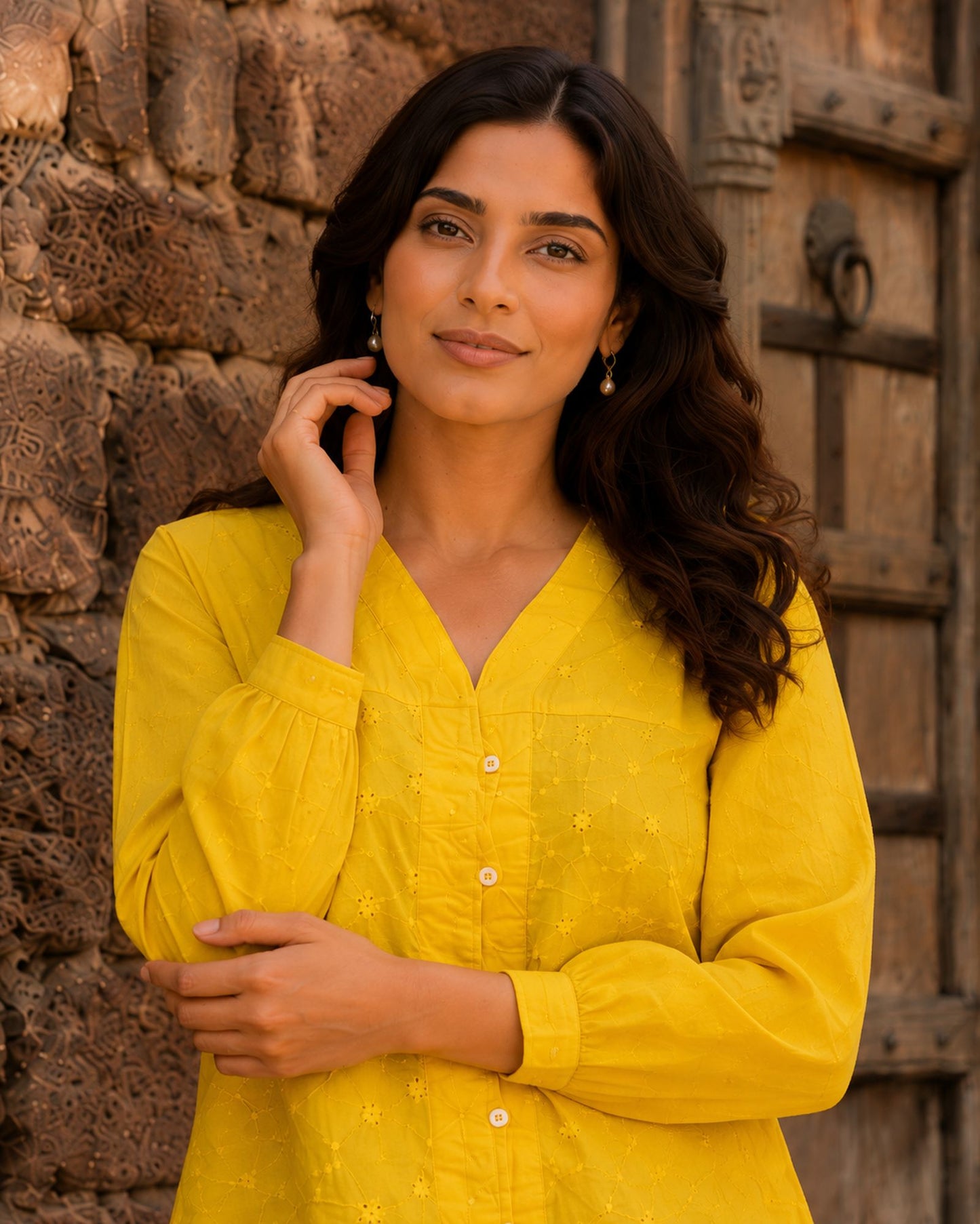 Yellow Schiffli Embroidered V Neck Casual Tunic