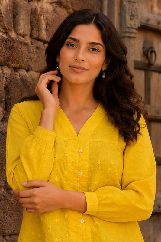 Yellow Schiffli Embroidered V Neck Casual Tunic