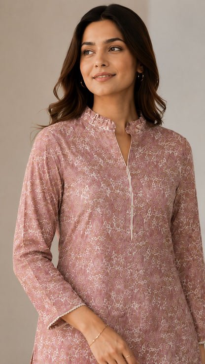 Elegant Floral Print Mandarin Collar Pink Kurta Set