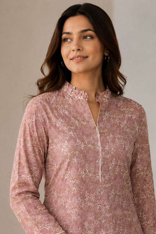 Elegant Floral Print Mandarin Collar Pink Kurta Set
