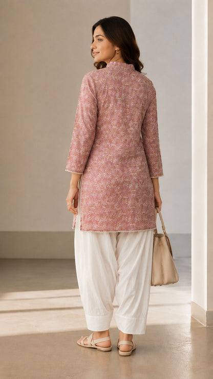 Elegant Floral Print Mandarin Collar Pink Kurta Set