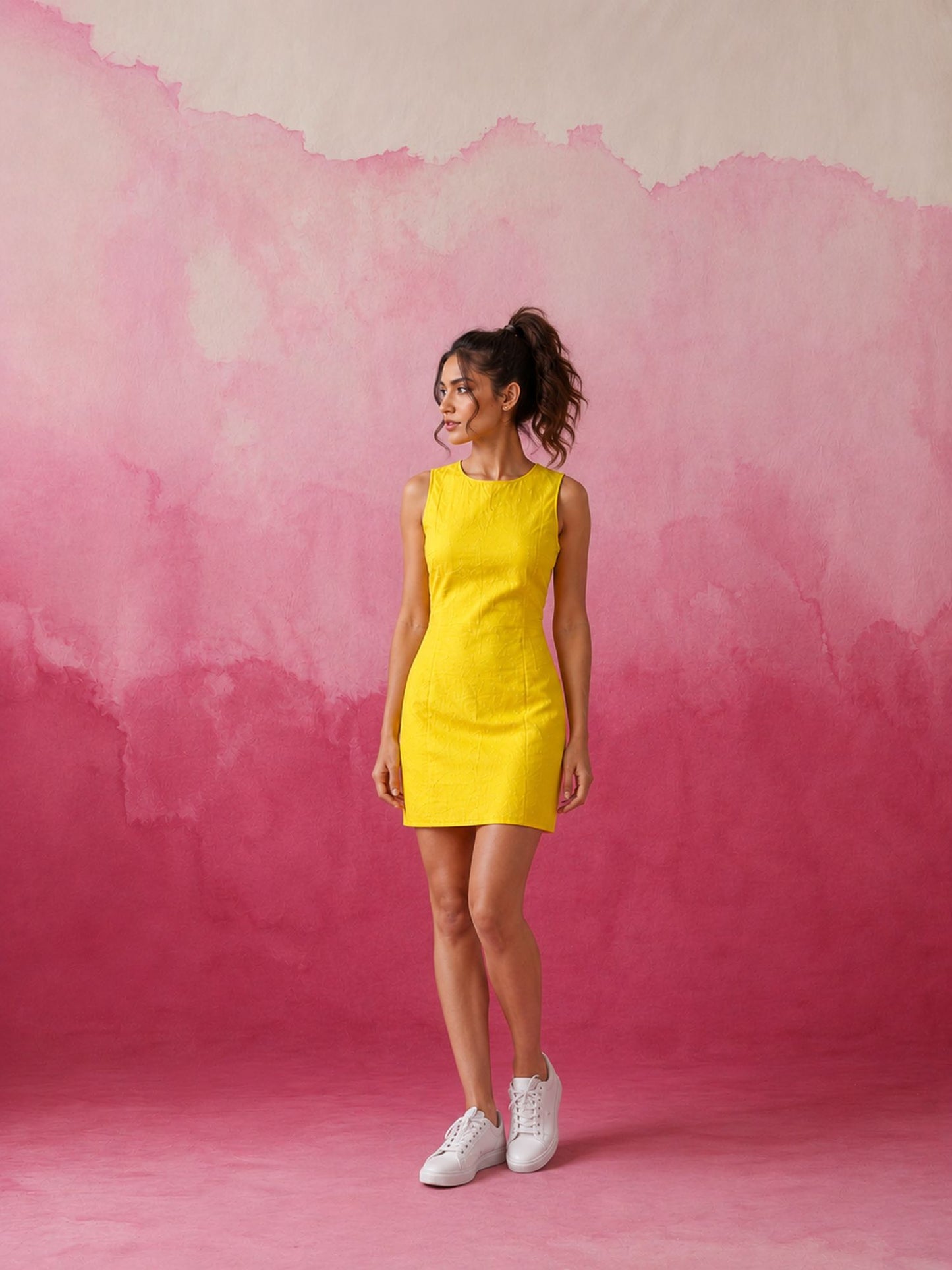 Yellow Sleeveless Mini Schiffli Dress