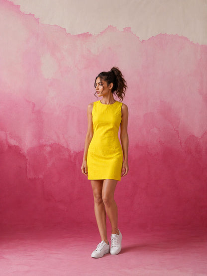 Yellow Sleeveless Mini Schiffli Dress