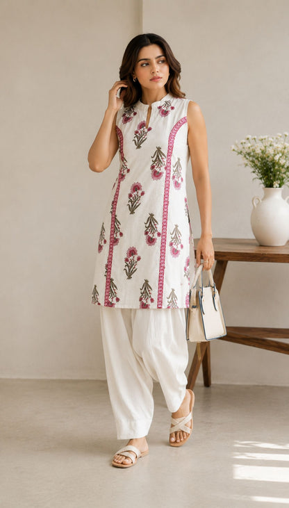 White Elegant Floral Printed Kurta Set With Contemporary Styling And Effortless Charm