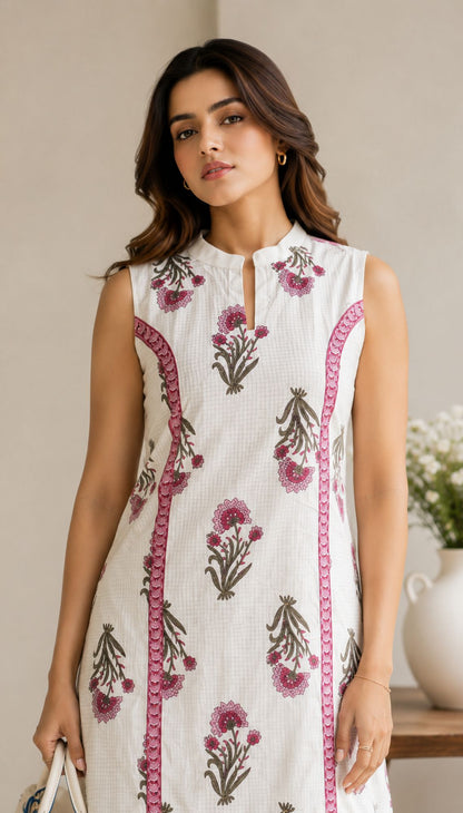 White Elegant Floral Printed Kurta Set With Contemporary Styling And Effortless Charm