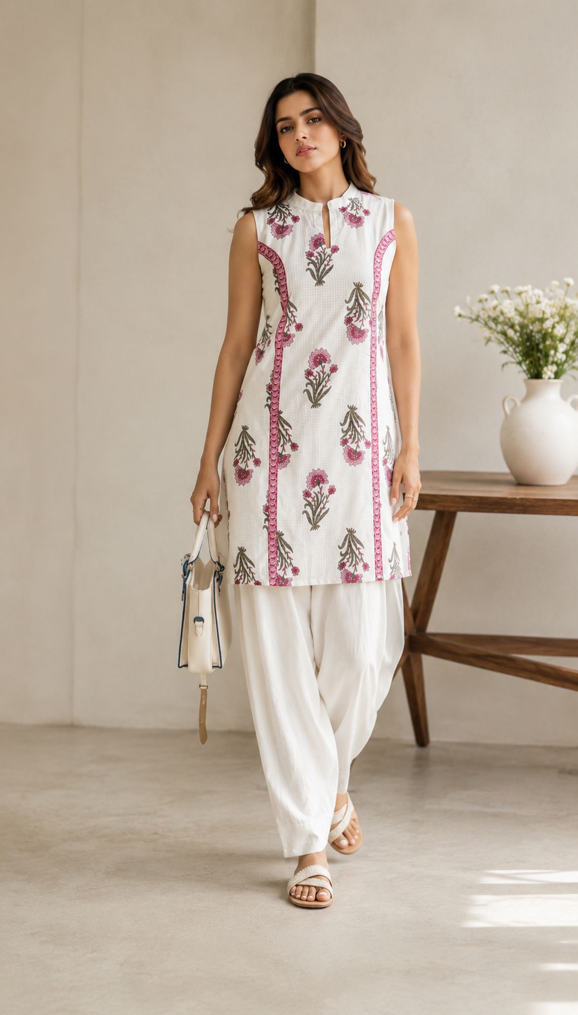 White Elegant Floral Printed Kurta Set With Contemporary Styling And Effortless Charm
